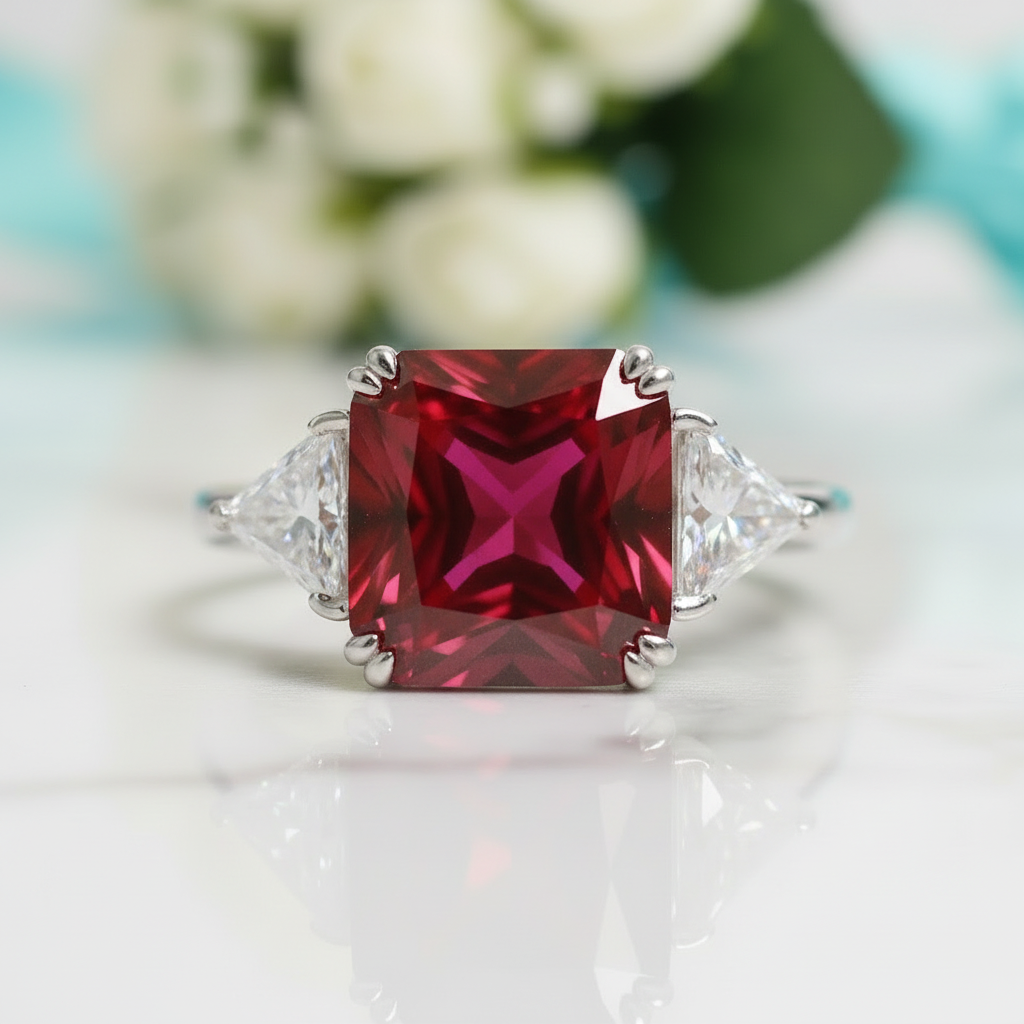 Ruby Radiant & Triangle Cut Three Stone White Gold Engagement Ring-Evani Jewelry