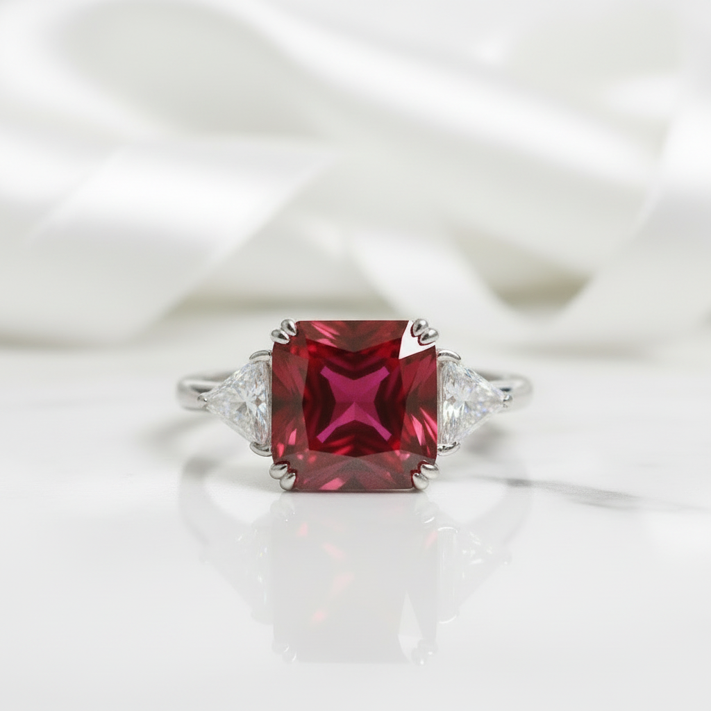 Ruby Radiant & Triangle Cut Three Stone White Gold Engagement Ring-Evani Jewelry