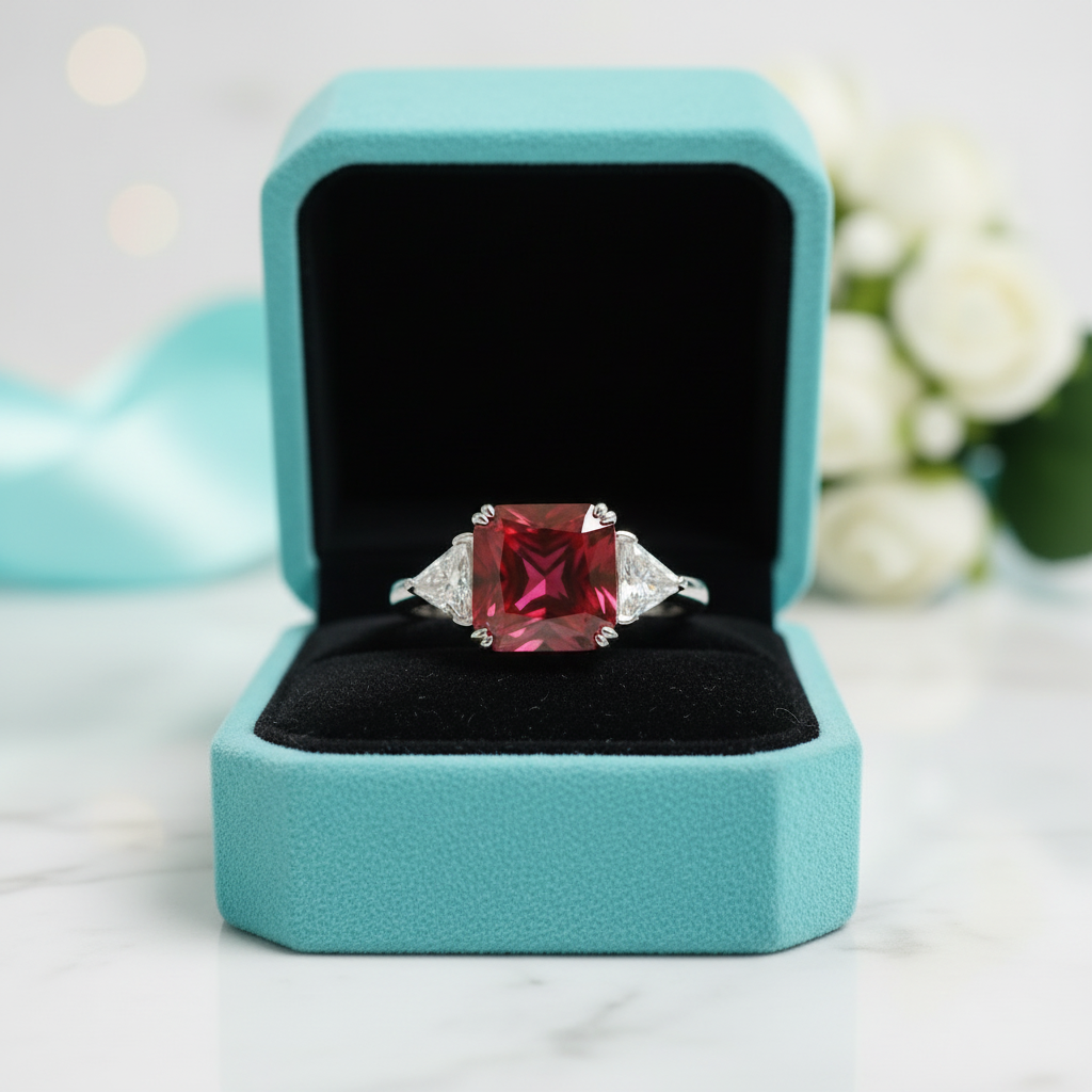 Ruby Radiant & Triangle Cut Three Stone White Gold Engagement Ring-Evani Jewelry