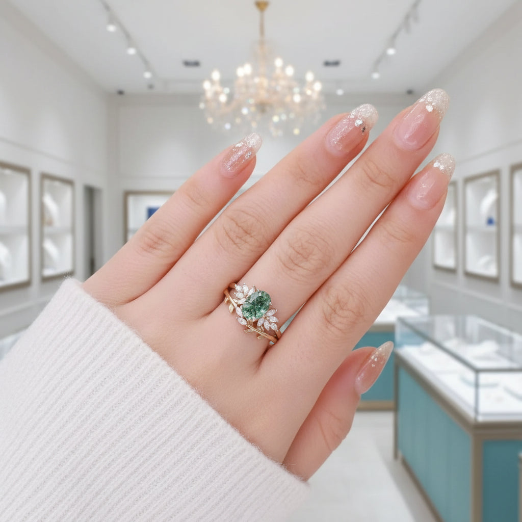 Tale of Two Souls- Oval Cut Moss Agate Ring Engagement Ring-Evani Jewelry