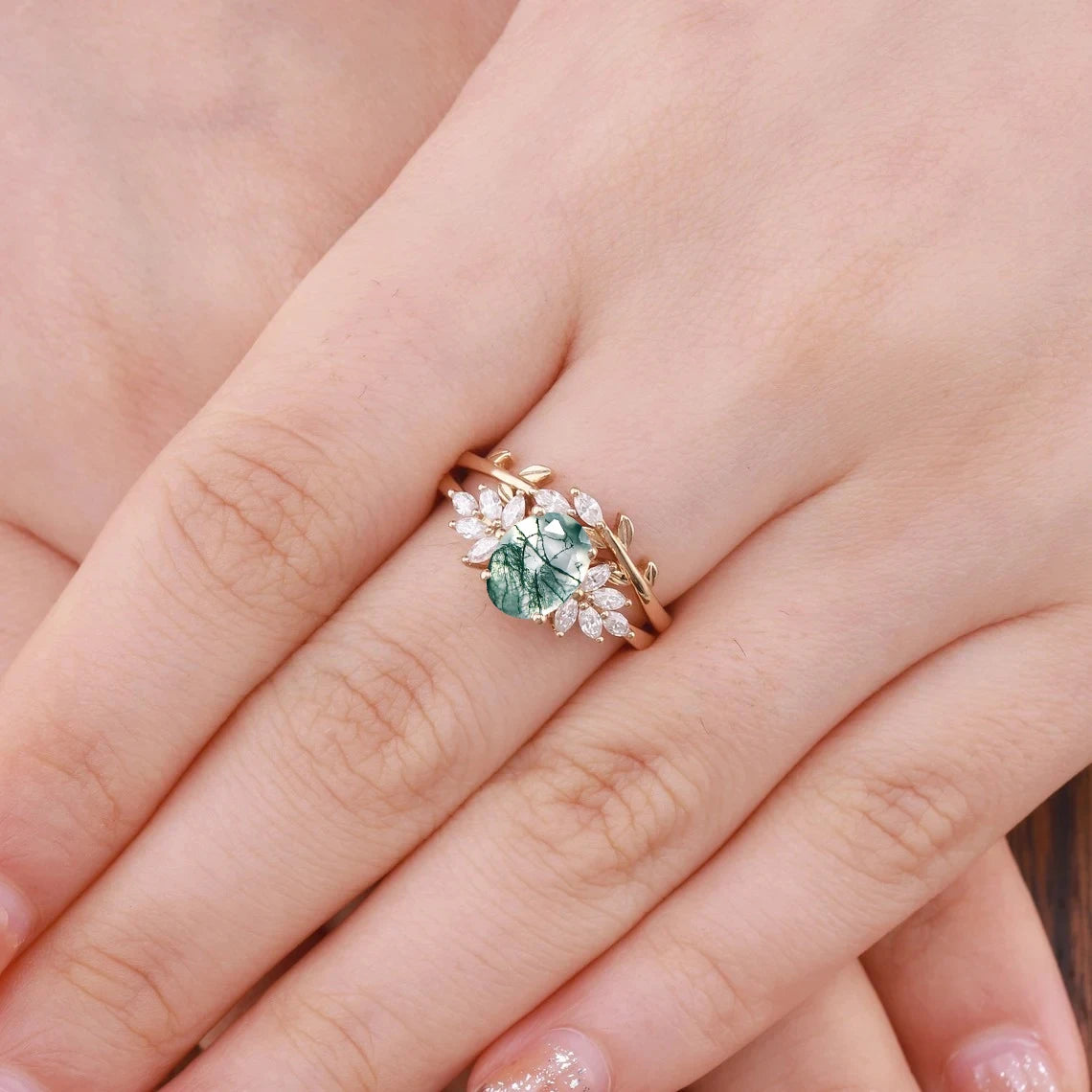 Tale of Two Souls- Oval Cut Moss Agate Ring Engagement Ring - Evani Naomi Jewelry