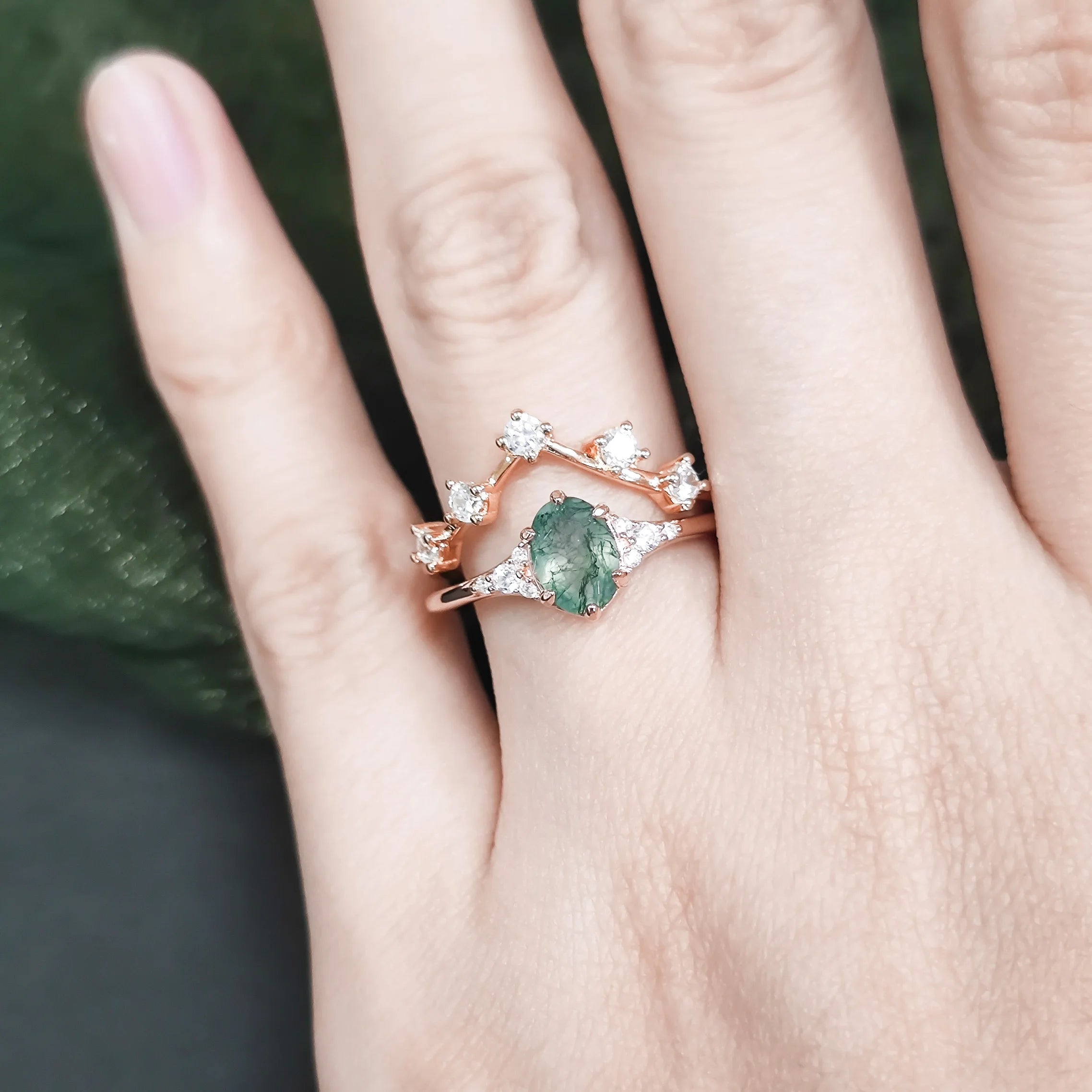 Love as Old as Time- Vintage Moss Agate Chevron Cluster Bridal Wedding Band Set Ring - Evani Naomi Jewelry