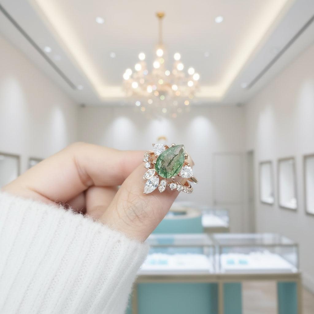 Forest's Cosmic Heart- Unique Natural Moss Agate Vintage Cluster Wedding Ring Set-Evani Jewelry