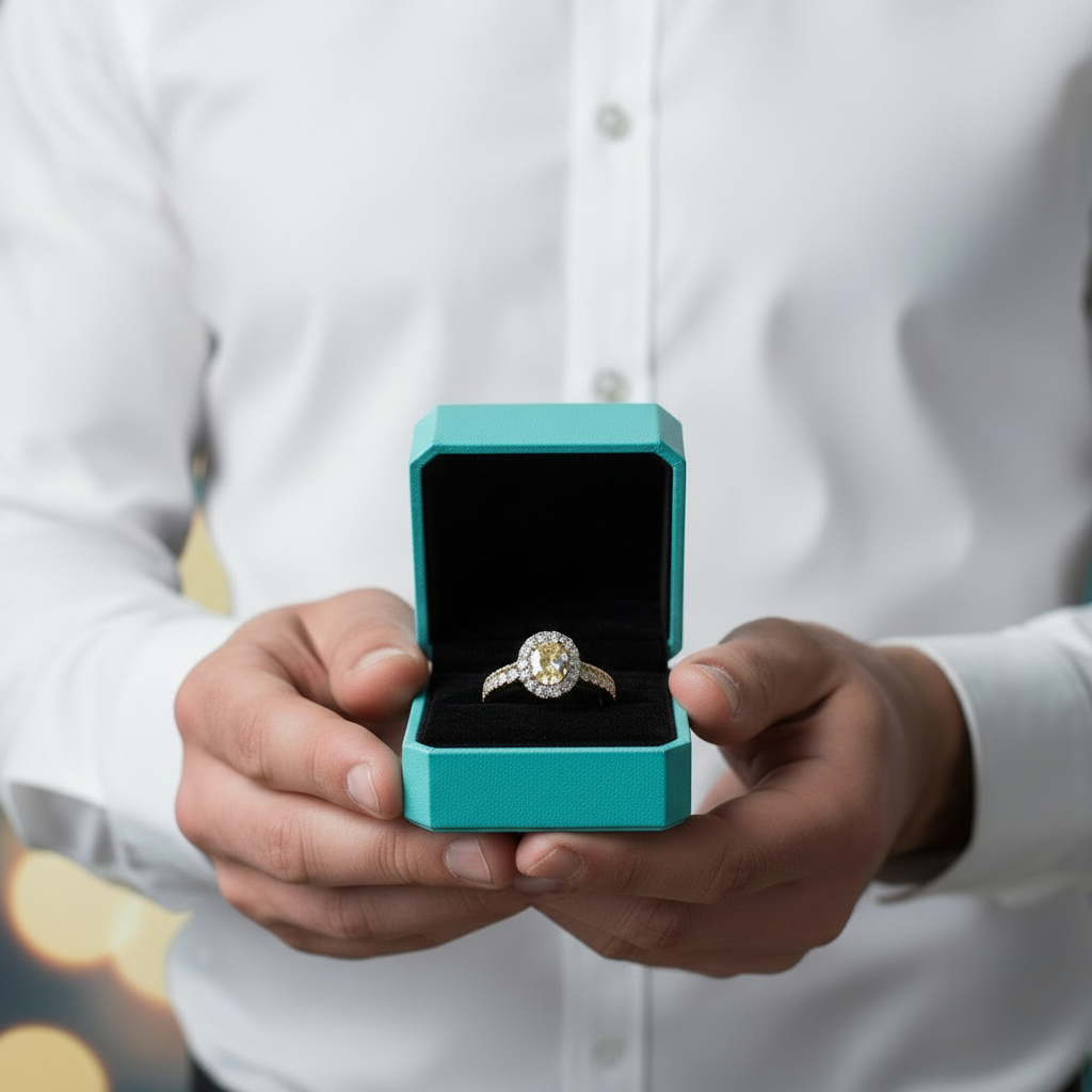 18K White Gold Engagement Ring with 0.5 Ct Natural Diamond Topaz Birthstone