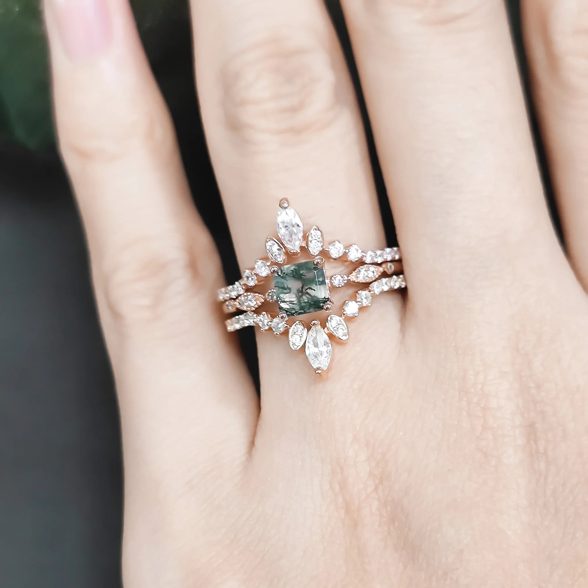 Antique Moss Agate Ring Rose Gold Engagement Ring Set Vintage Art Deco Stacking Matching Band Unique Bridal Promise Ring Set - Evani Naomi Jewelry