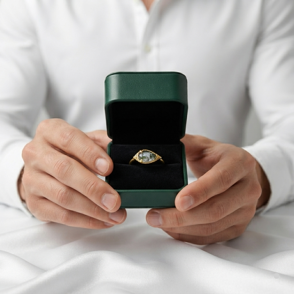 A gold ring with a marquise-cut light blue gemstone is displayed in an open dark green jewelry box held by a person wearing a white button-down shirt.