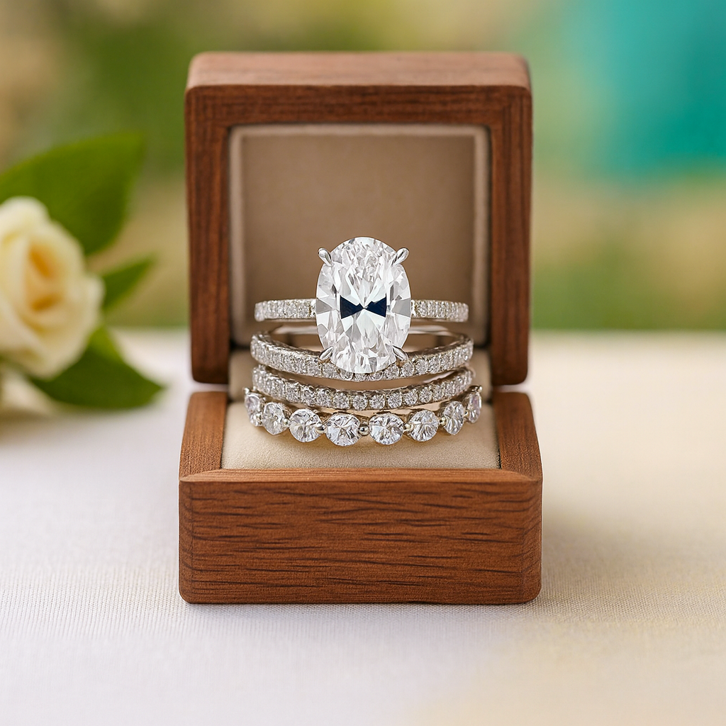Set of diamond rings in a wooden box with a blurred floral background