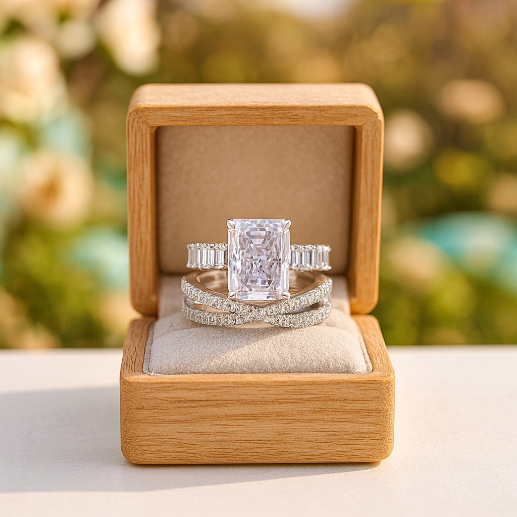 Set of diamond rings in a wooden box with a blurred natural background