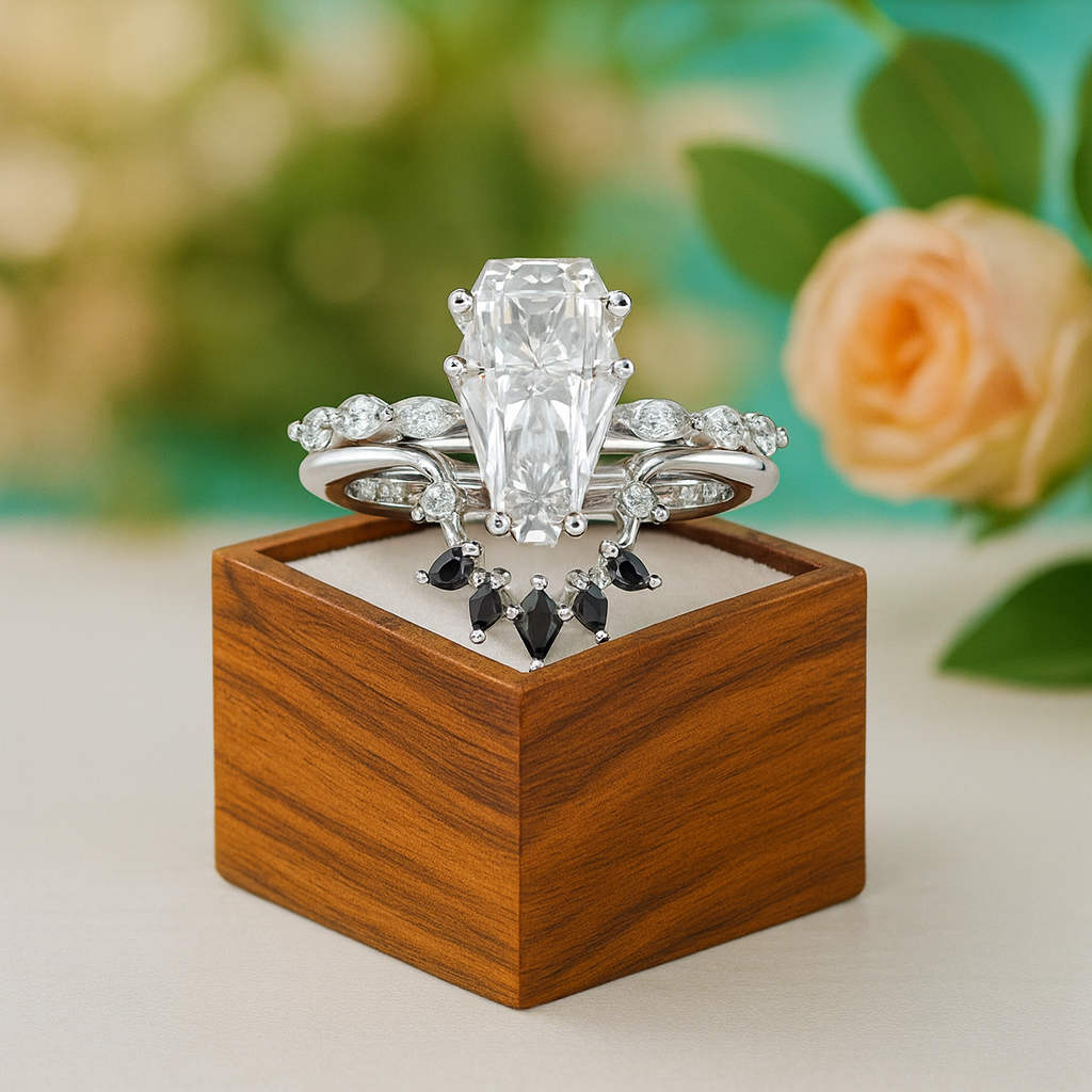Set of diamond rings on a wooden box with a blurred floral background