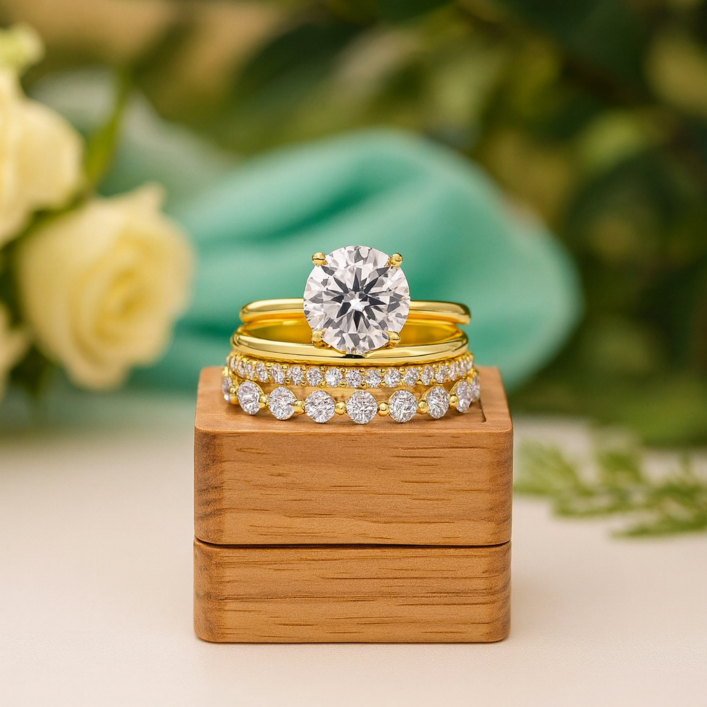 Set of diamond rings on a wooden box with flowers in the background