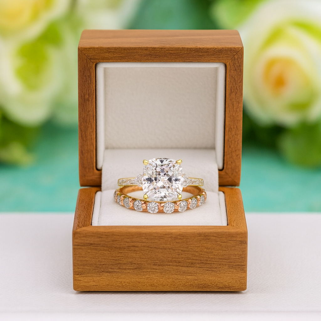 Set of gold and diamond rings in a wooden box with a floral background
