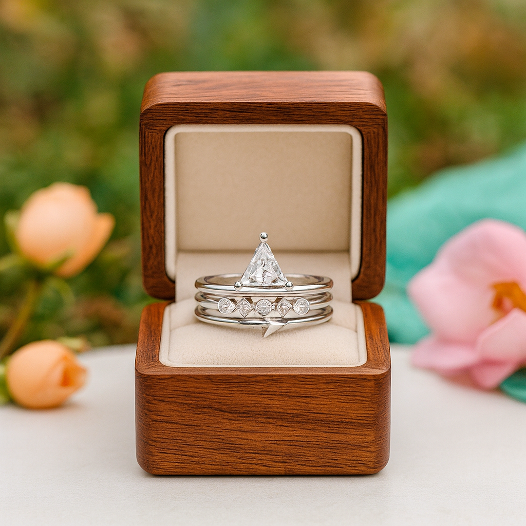 Set of silver rings with a diamond in a wooden box, surrounded by flowers.