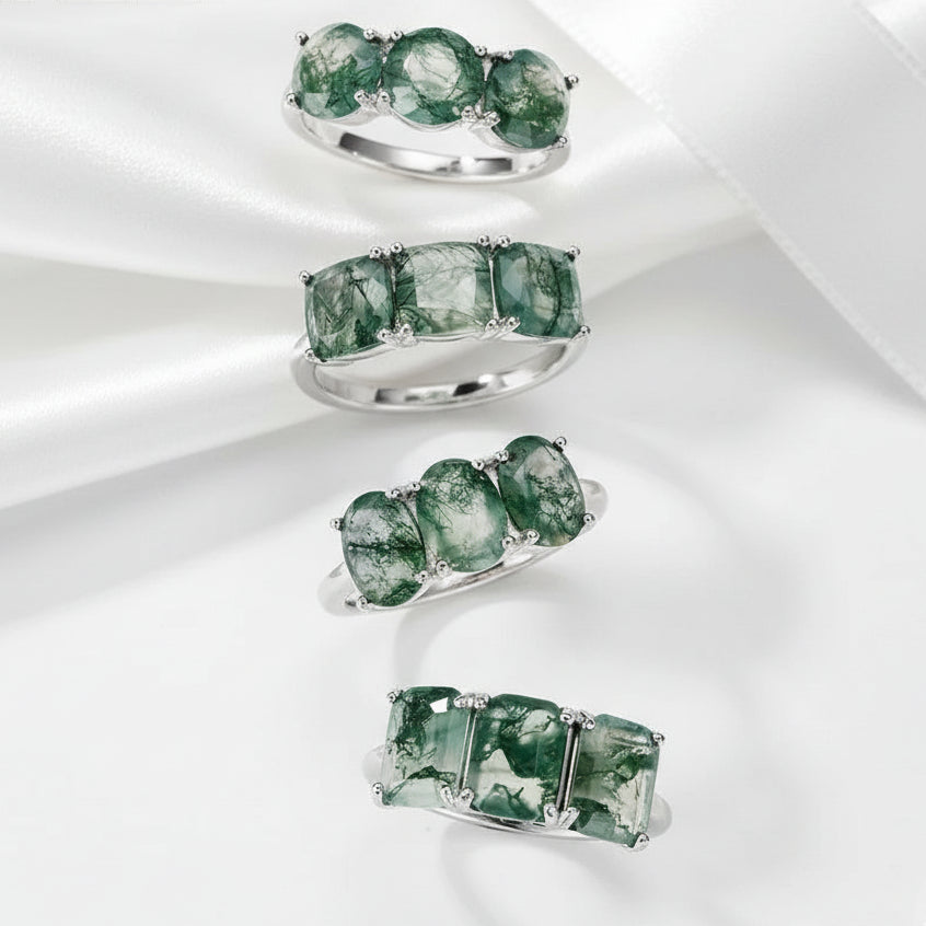Undying Ever After- Three Stones Natural Moss Agate Ring-Evani Jewelry