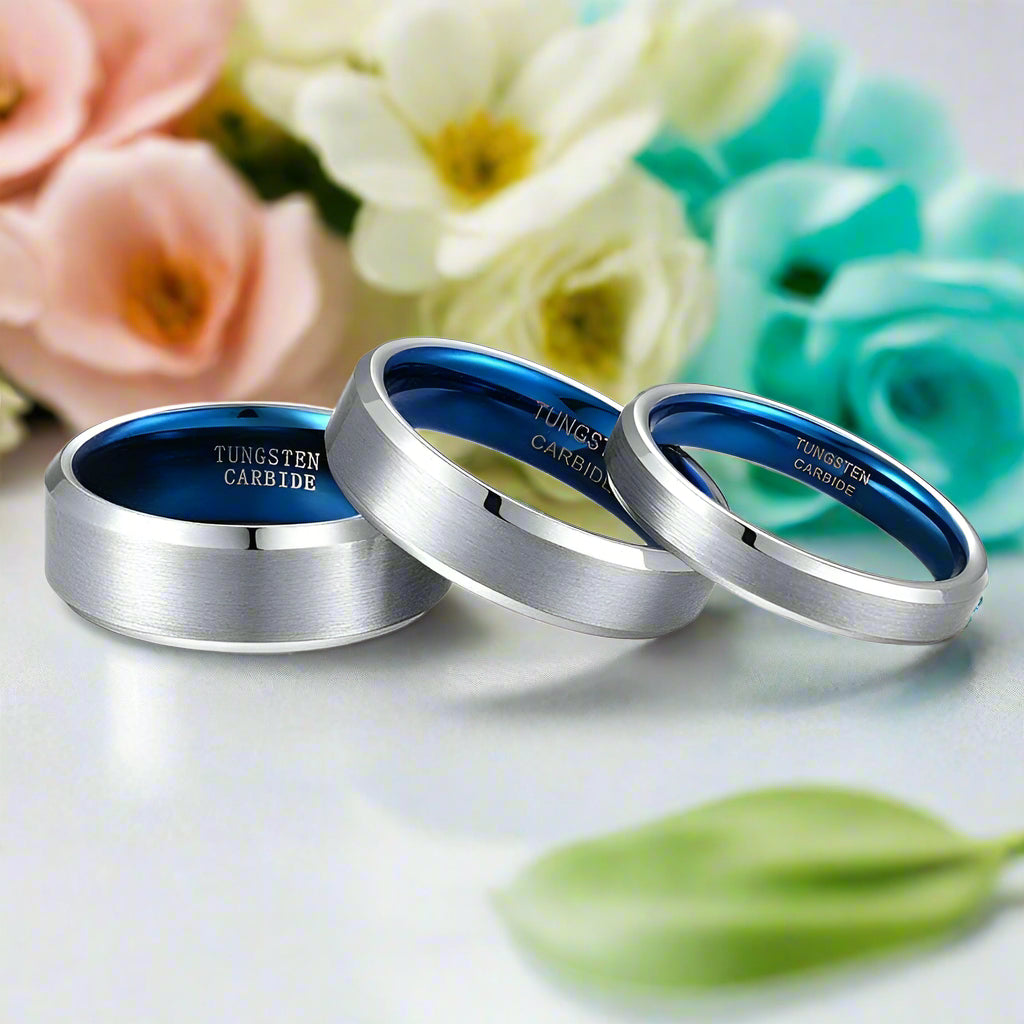 Silver & Blue Unisex Tungsten Wedding Band-Evani Jewelry