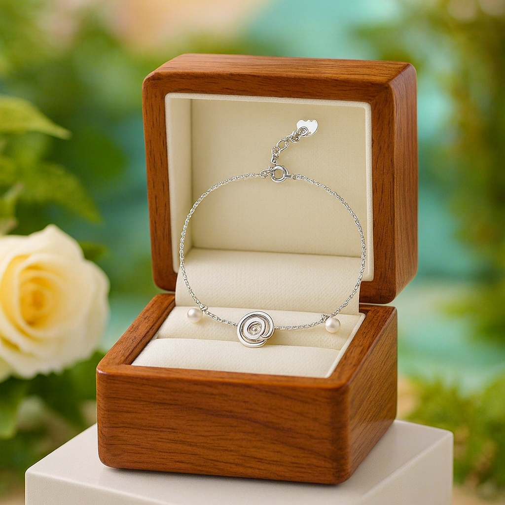 Silver bracelet with a wooden box and white rose in the background