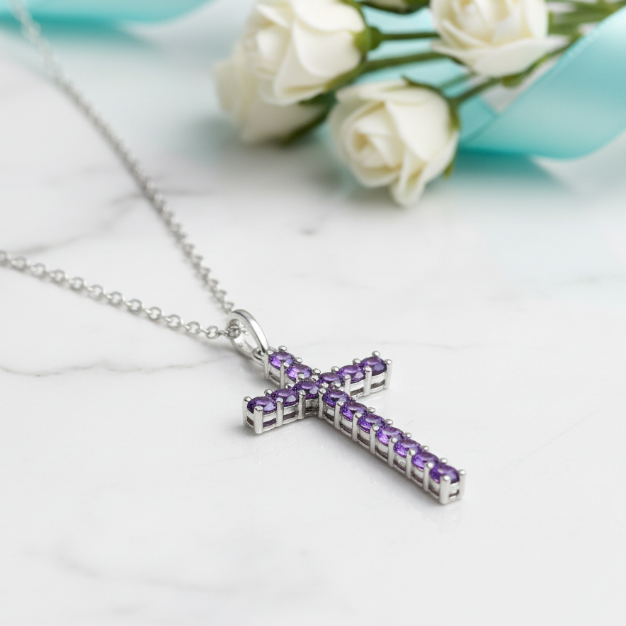 0.90 ct Cross Pendant Amethyst Necklace-Evani Jewelry