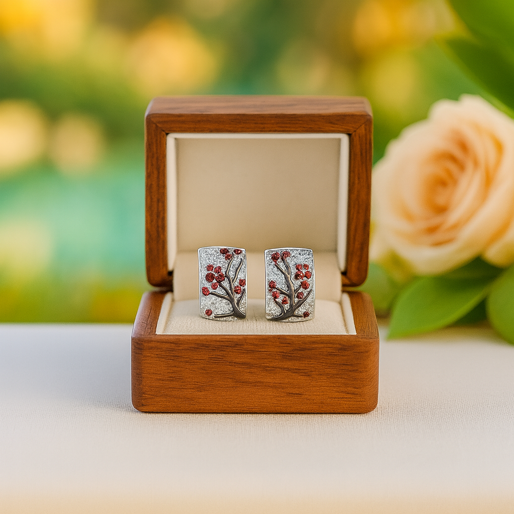 Silver cufflinks with red details in a wooden box, with a blurred floral background