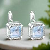 Silver earrings with blue gemstones on a white background