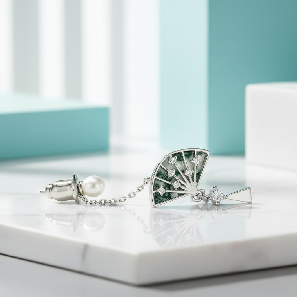 Love Grown in Grace- Chinese Style Fan Shaped Unique Moss Agate Earrings-Evani Jewelry