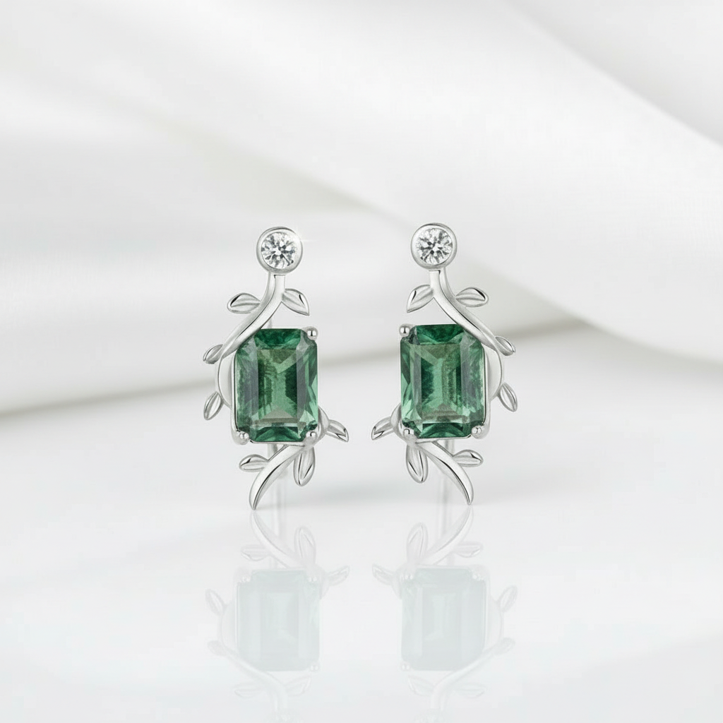 Midnight Kiss- Natural Emerald Cut Moss Agate Stud Earrings