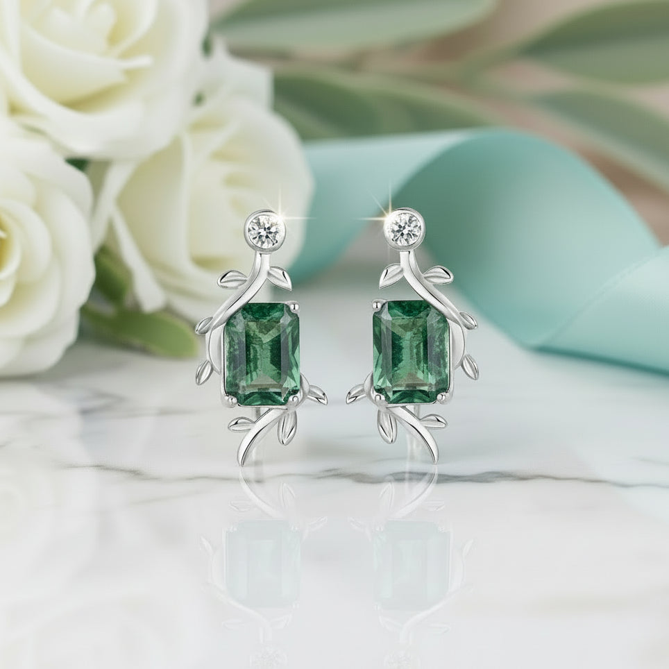 Midnight Kiss- Natural Emerald Cut Moss Agate Stud Earrings