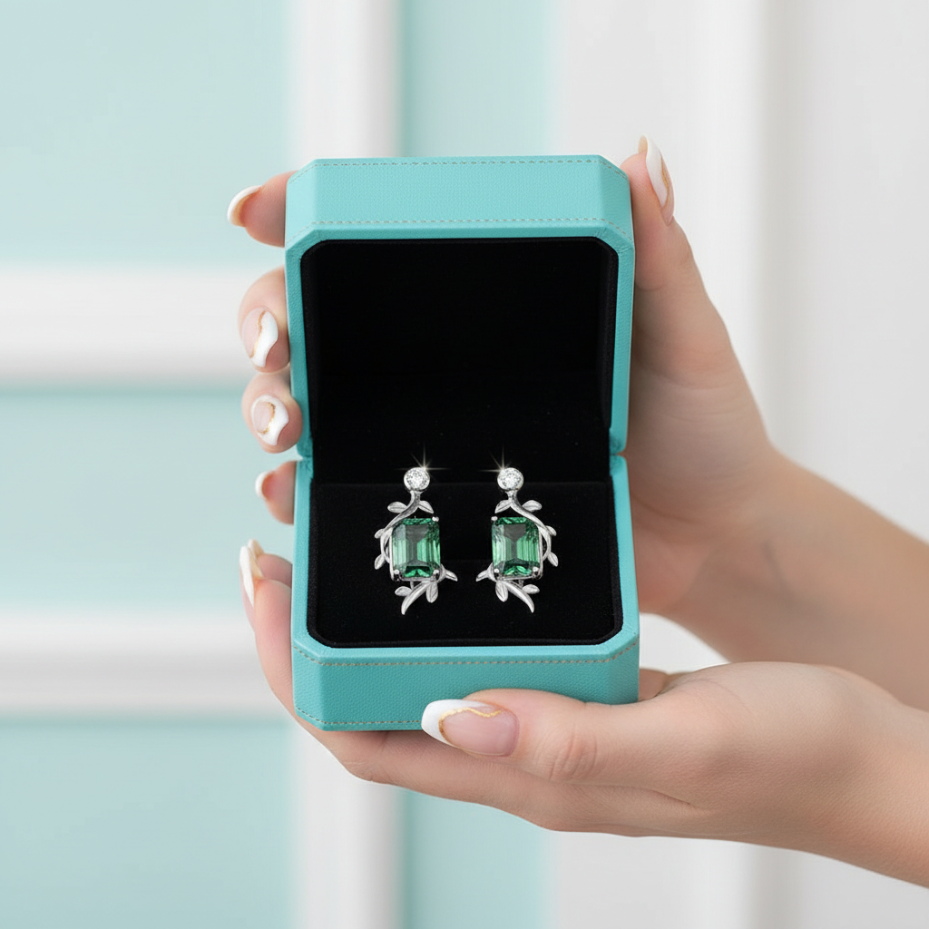 Midnight Kiss- Natural Emerald Cut Moss Agate Stud Earrings