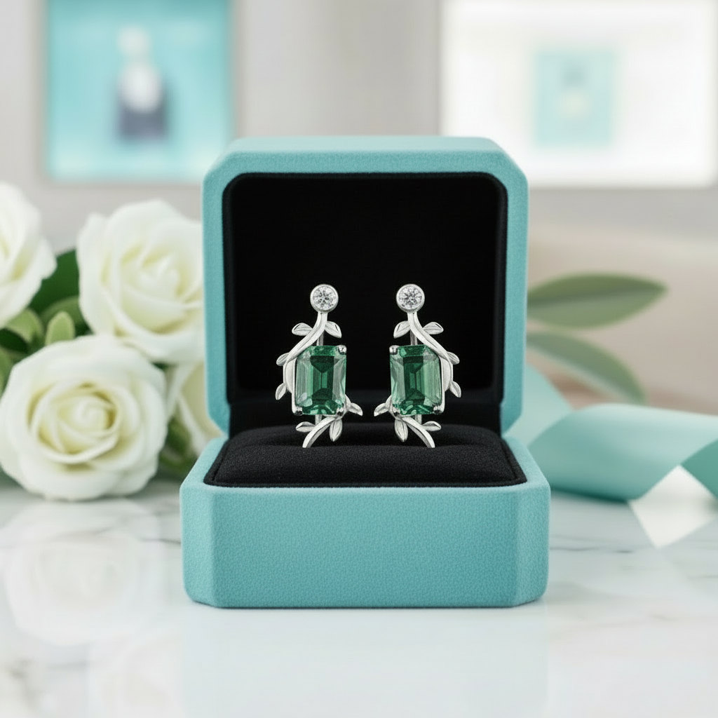 Midnight Kiss- Natural Emerald Cut Moss Agate Stud Earrings - Evani Naomi Jewelry