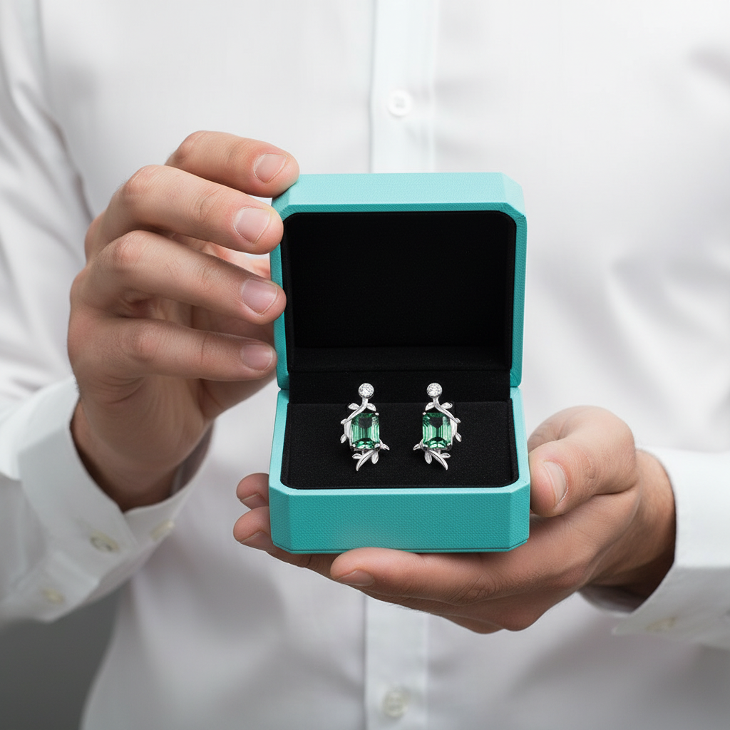 Midnight Kiss- Natural Emerald Cut Moss Agate Stud Earrings