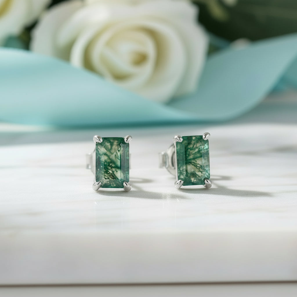 Eternal Commitment- Geometric Moss Agate Stud Earrings-Evani Jewelry