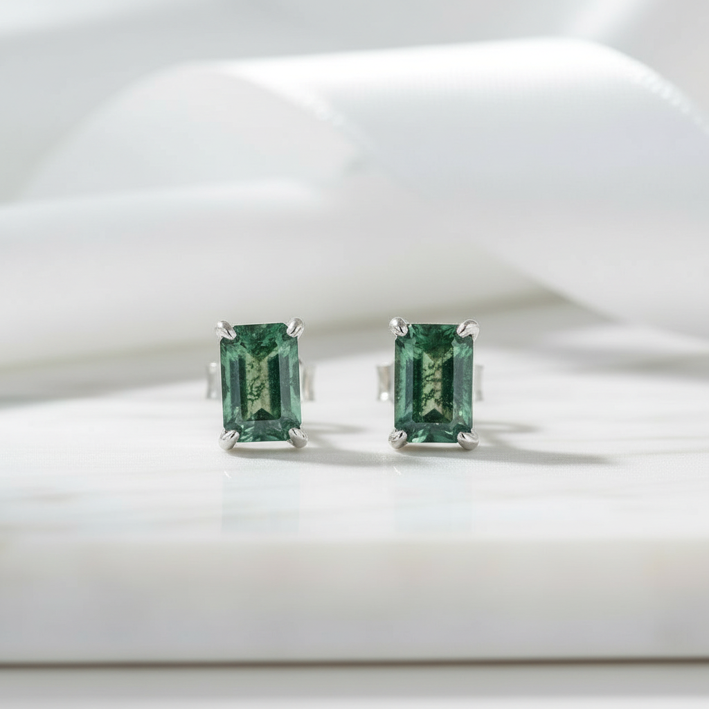 Eternal Commitment- Geometric Moss Agate Stud Earrings