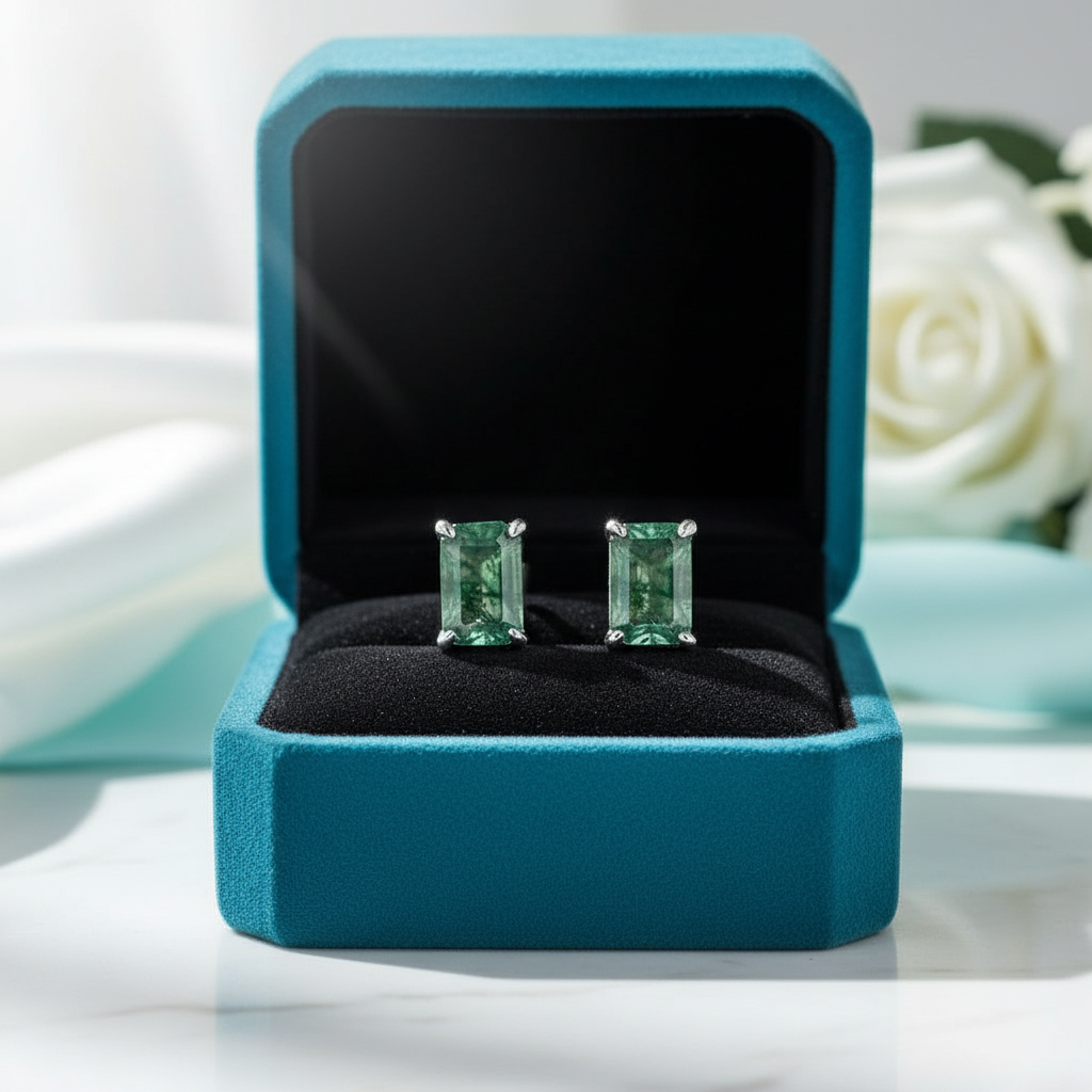 Eternal Commitment- Geometric Moss Agate Stud Earrings