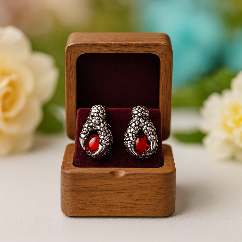 Silver earrings with red stones in a wooden box on a blurred floral background