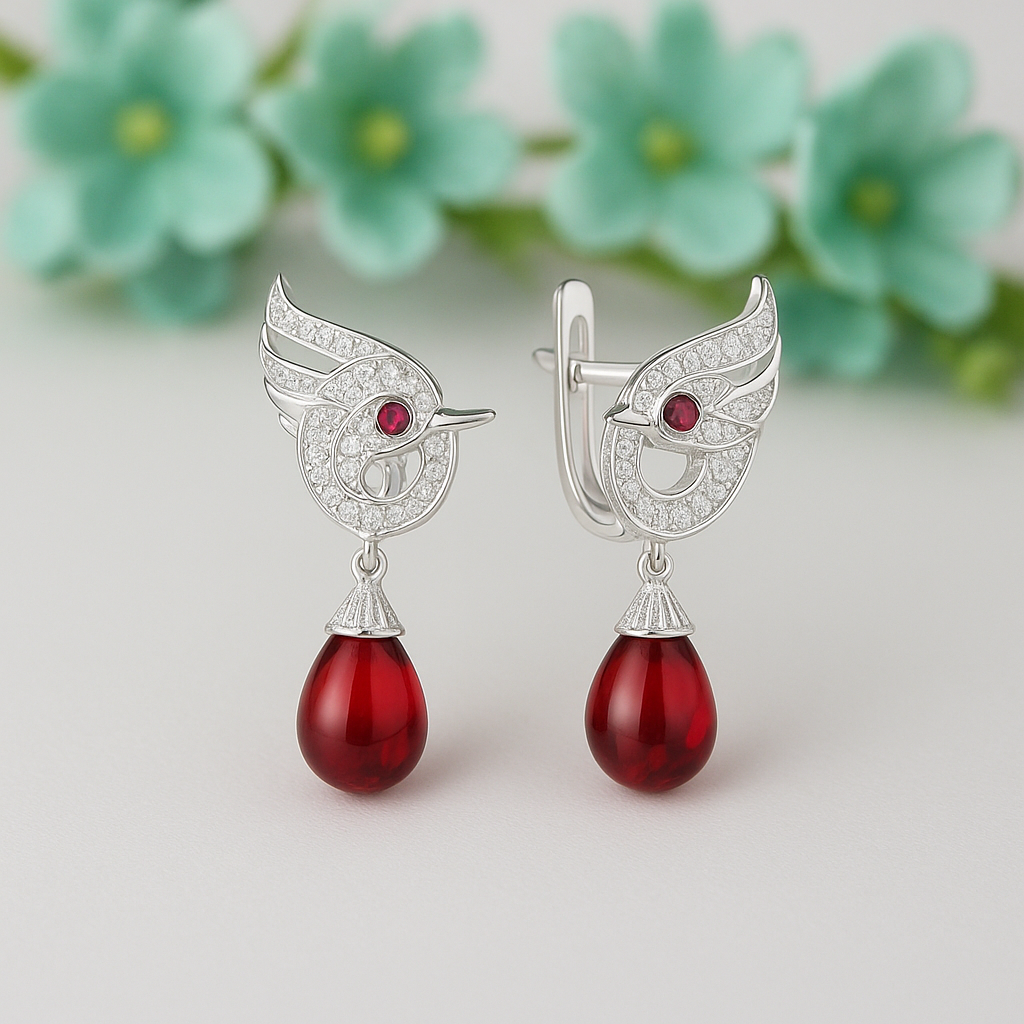 Silver earrings with red teardrop-shaped gemstones on a light background with green flowers.
