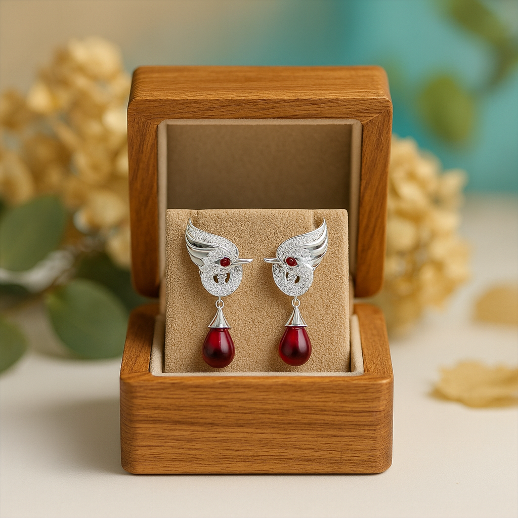Silver earrings with red teardrop stones in a wooden box with a natural background