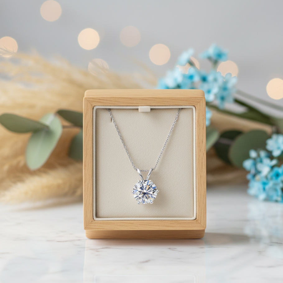 Silver necklace in a wooden box with blurred flowers in the background