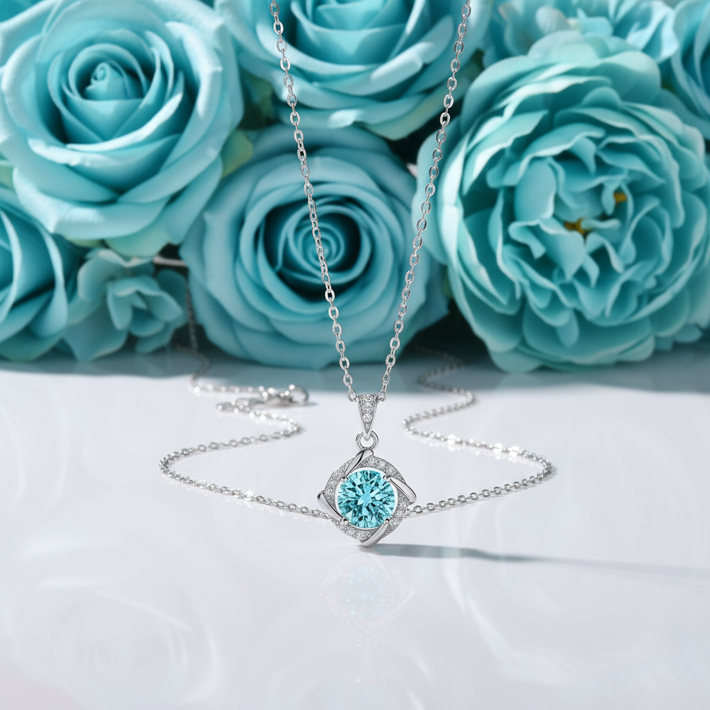 Silver necklace with a blue gemstone pendant on a blue background