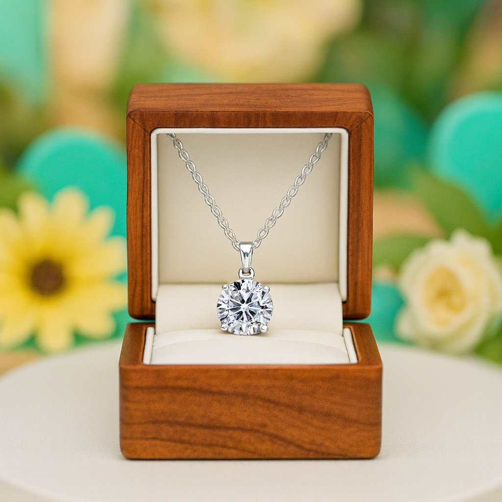 Silver necklace with a diamond pendant in an open wooden box against a blurred floral background