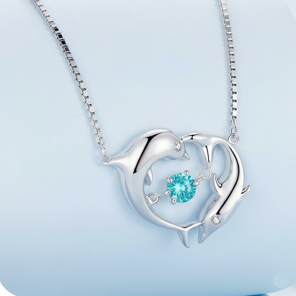 Silver necklace with a dolphin-shaped pendant featuring a blue gemstone on a light blue background.