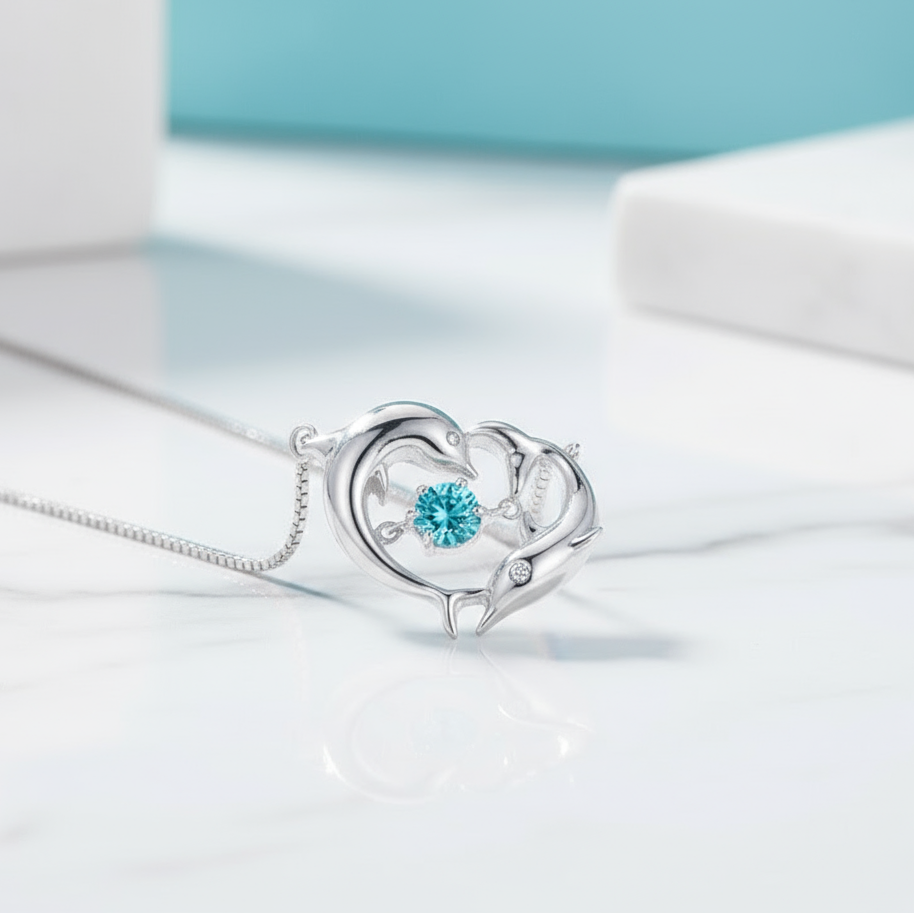 Turquoise Dolphin Love with Chain Necklace-Evani Jewelry