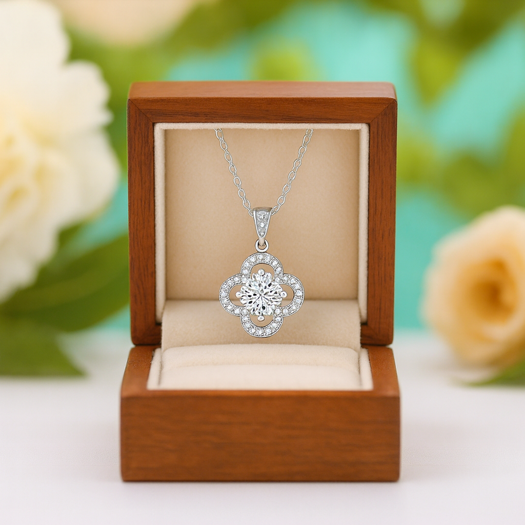 Silver necklace with a floral pendant in a wooden box against a blurred floral background