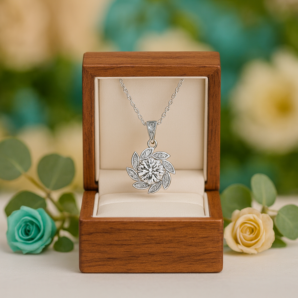 Silver necklace with a floral pendant in a wooden box, surrounded by flowers.