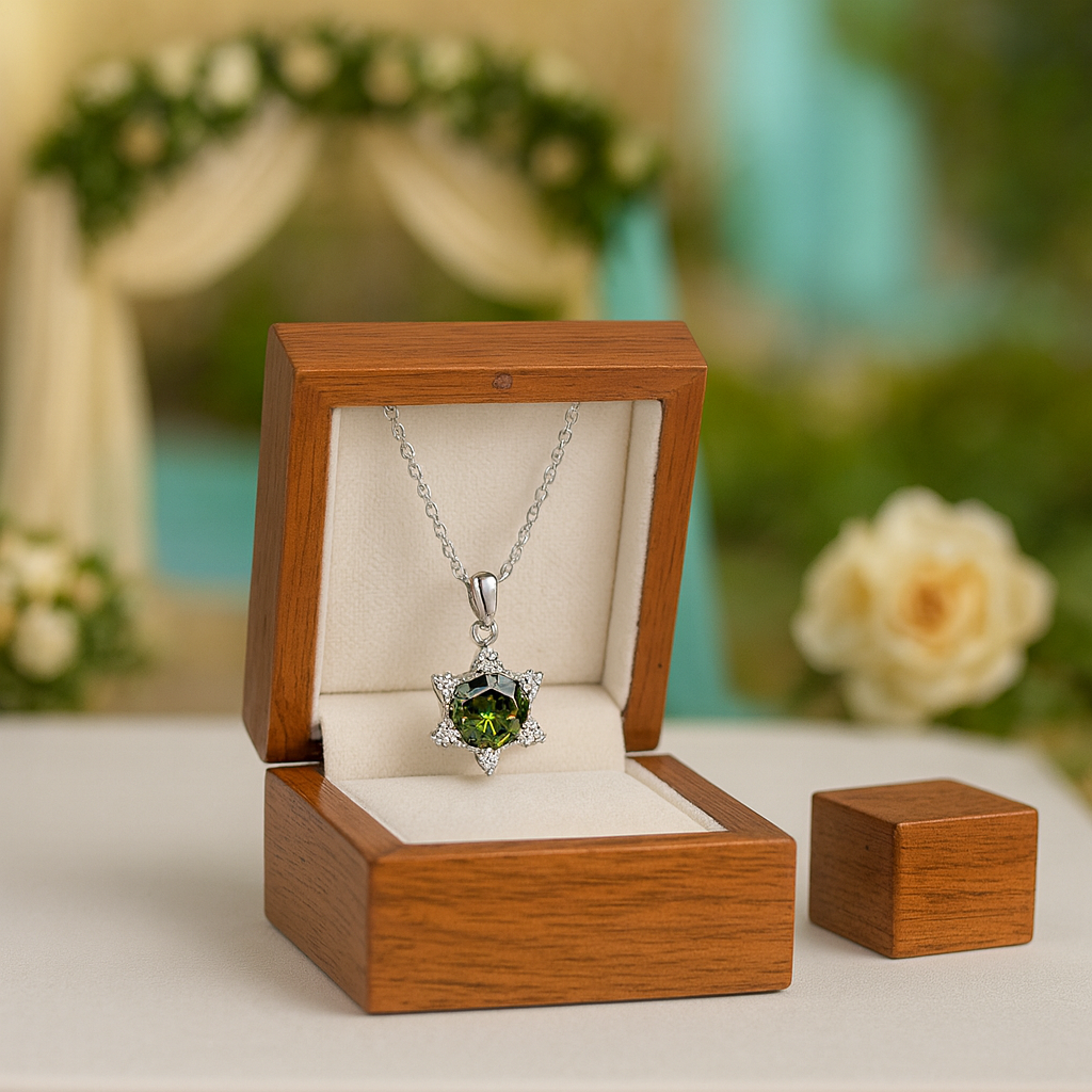 Silver necklace with a green gemstone in a wooden box against a blurred floral background