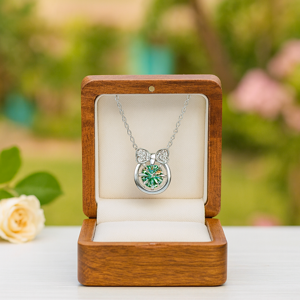 Silver necklace with a green gemstone in a wooden box against a blurred natural background