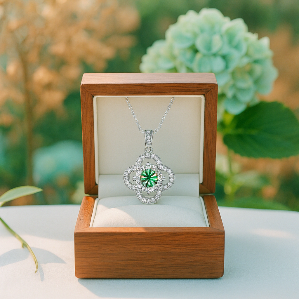 Silver necklace with a green gemstone in a wooden box against a natural background
