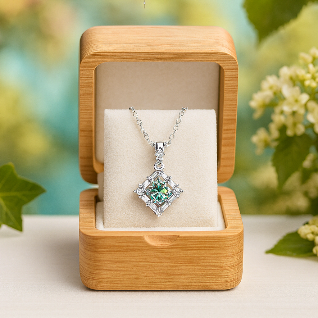 Silver necklace with a green gemstone in a wooden box against a natural background