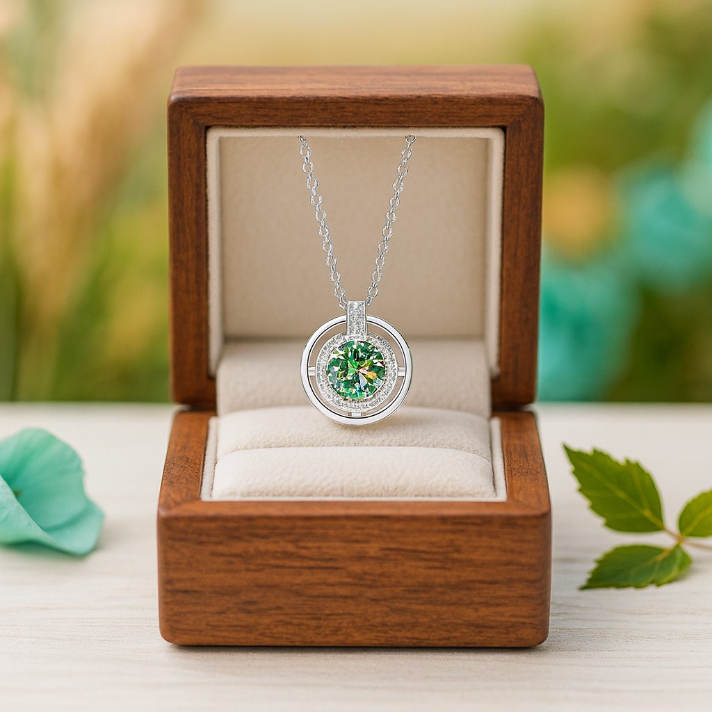 Silver necklace with a green gemstone in a wooden box on a blurred natural background