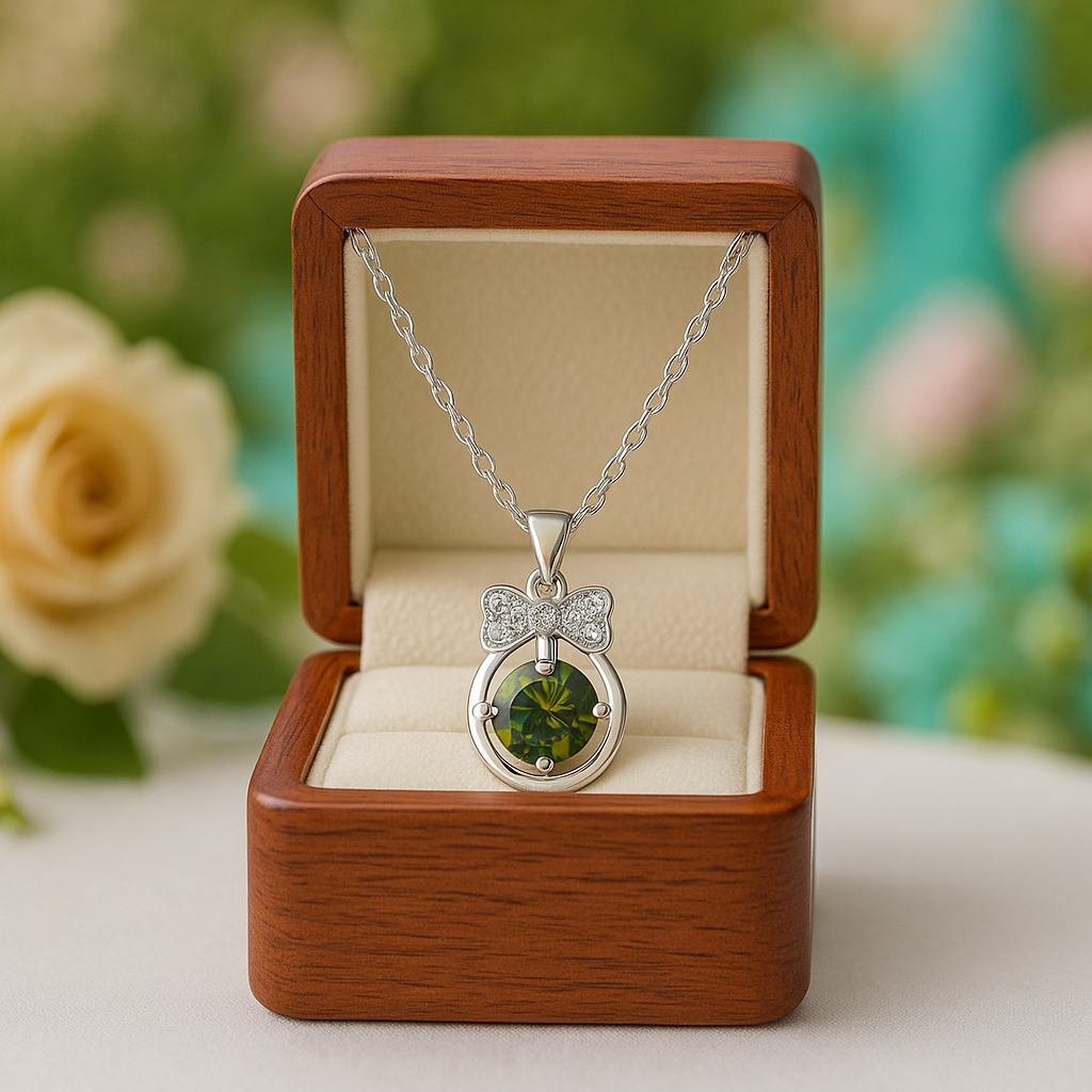 Silver necklace with a green gemstone in a wooden box with a blurred floral background