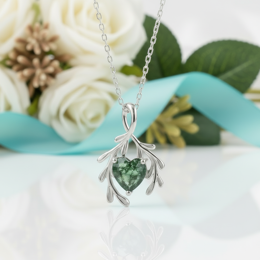 Seal of Our Solace- Natural Unique Boho Leaf Branch Moss Agate Pendant Necklace