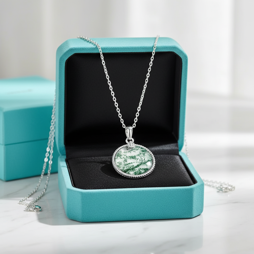 Ethereal Bond- Unique Moss Agate Round Pendant Necklace - Evani Naomi Jewelry
