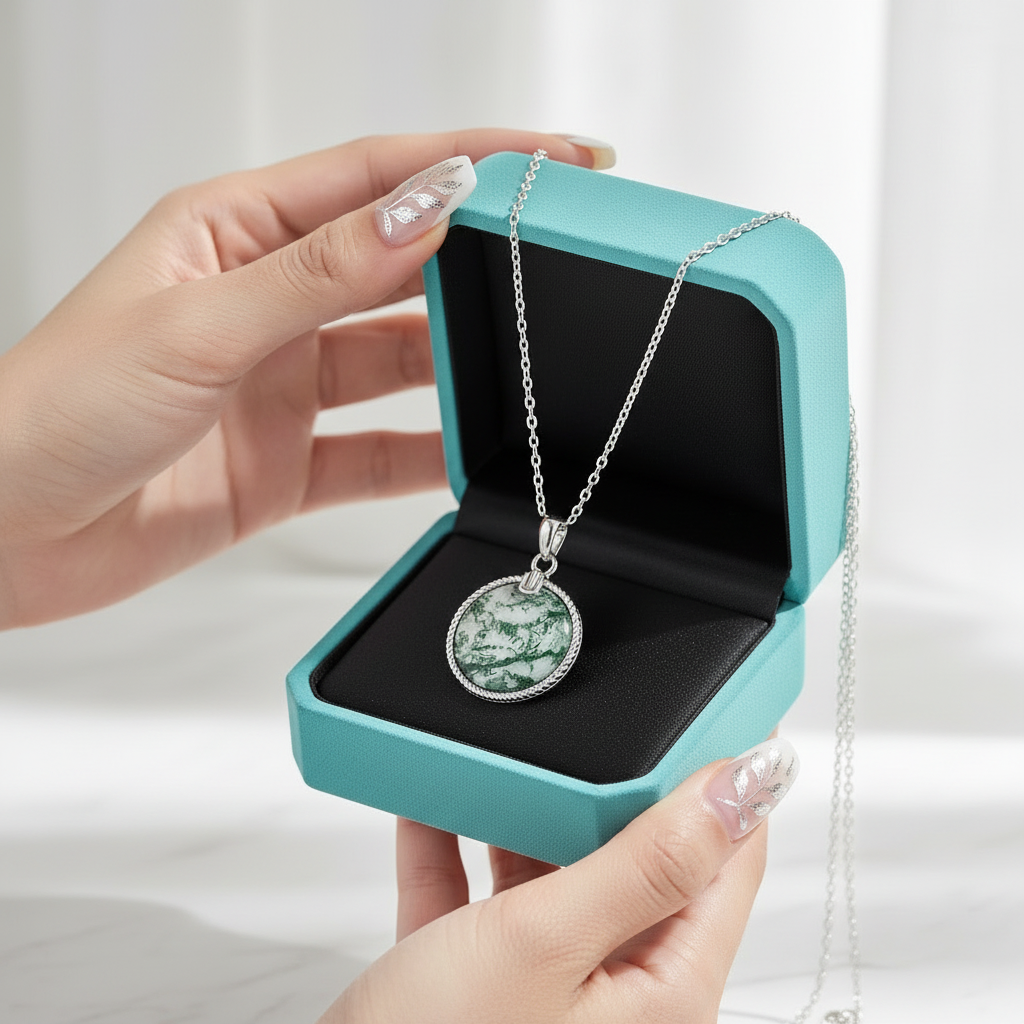 Ethereal Bond- Unique Moss Agate Round Pendant Necklace